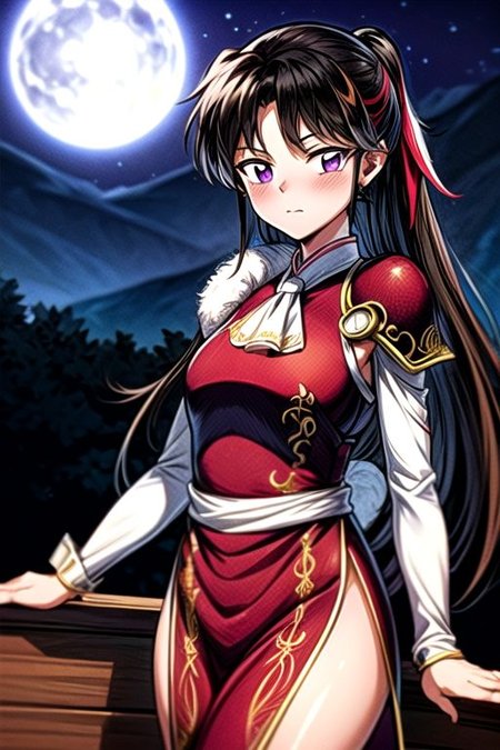 best quality 1girl Setsun4 solo long hair,  (night time) forest background black hair very long hair purple eyes multicolored hair armor, small, (fur trim) (medium body),<lora:EMS-179-EMS:0.800000>,<lora:EMS-293862-EMS:0.800000> bow, hair_bow, hair_tubes, red_bow, brown_hair, long_hair, bangs, ascot, frilled_bow, yellow_ascot, blush, smile, hair_between_eyes, athletic, armor, miko, ,(((intricate outfit,intricate clothes,embroidered outfit,ornate outfit,embroidered clothes,ornate clothes)))