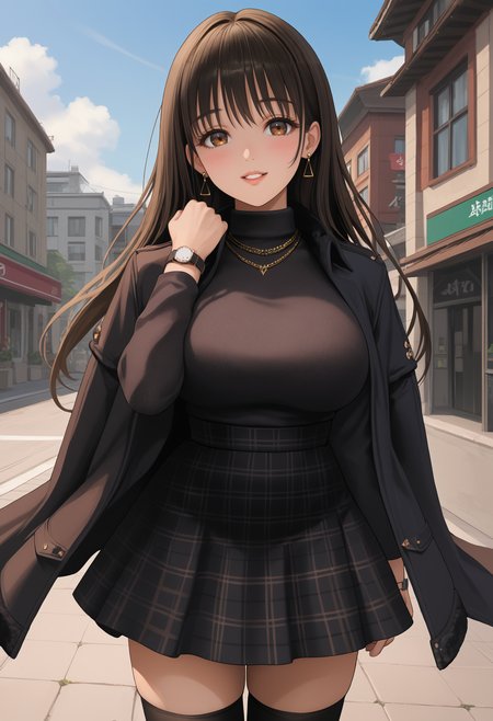 score_7_up, source_anime BREAK 1girl, solo, <lora:diesel-nikke-richy-v1_pdxl:1> dslblk, brown eyes, black hair, long hair, bangs, large breasts, earrings, necklace, black sweater, black coat, coat on shoulders, black skirt, high-waist skirt, plaid skirt, wristwatch, black thighhighs, standing, parted lips, happy, looking at viewer, blush, long sleeves, outdoors