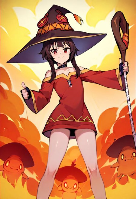 Megumin, standing, thumbs up, one staff, witch hat. giant nuclear explosion background, blast wave, nuclear mushroom cloud.
score_9, score_8_up, score_7_up, score_6_up, best quality, 4k, ultra hd, anime style, highest score. 1girl, (correct anatomy).