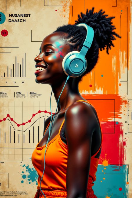 A photograph of an African teenage girl with ebony black skin, with cyan highlights on the skin.  She has the side of her head shaved, and the hair on the back of her head done up in a bun.  She is wearing large high-tech cordless bluetooth headphones, and is smiling, dancing, and grooving as she listens to the music.  The background is an abstract combination of a technical readout diagram and broad swatches of beige, orange, red, and cyan vertical brush stokes.  This is a Full body camera shot, from head to toe, providing a environmental wide angle view.  Soft volumetric lighting.  <flux_realism_lora:0.42> <FluxDFaeTasticDetails:0.36> <BaroqueColorful:0.48>