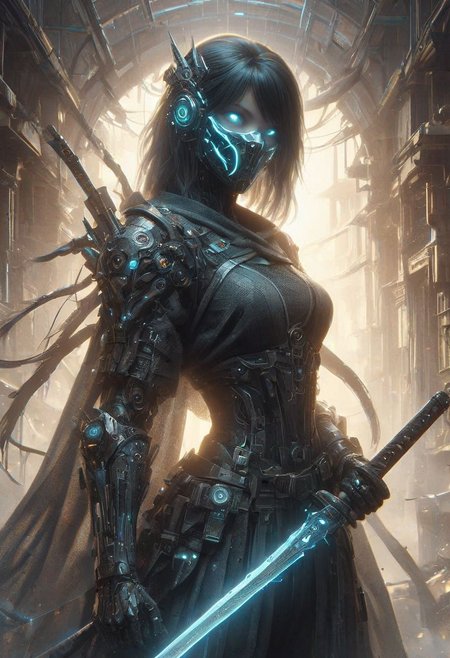 (((Ultra-detailed, Hyper-realistic, 8k, highres, masterpiece))),(full length highly detailed intricate cyborg demonic-skeletal) (tattered cloak),((highly detailed tech body,decaying parts, Intricate exposed wiring, exposed wires,exposed circuitry,electric glow)),((highly detailed cyber-skeletal tech-mask,signs of decay,exposed wiring, exposed wires,exposed circuitry,electric glowing eyes)),in a highly detailed Labratory background with Test tubes,holographic screens,covered in pulsing electricity,cyber setting,cinematic,realistic,science fiction,dark colours,background light,e,<lora:XL_Weapon_Sword_-_By_HailoKnight_2:0.8>,Wielding sword,<lora:add-detail-xl:1>,<lora:ArmorSuit_v01:0.8>, armorsuit,