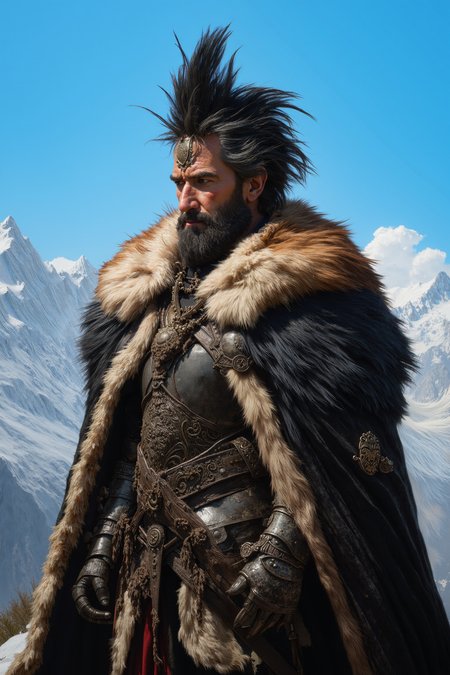 masterpiece, best quality, 4k, HDR, hi-resolution, tetradic colors in details, (volumetric light:0.8), (light diffusion:0.9), light ray tracing,very realistic,midjourney,detailifier,db4rz style, digital art, A regally attired figure, hirsute cloak of sable and argent fur draped over burnished, sanguine-accented armor.  Cerulean sky backdrop. Dynamic three-quarter shot, medium close-up, slightly low angle.  Emphasize the juxtaposition of opulent fur and austere metal.  Focus on the figure's inscrutable expression.  Granular detail in the fur texture, metallic ornamentation. Lighting suggests a clear, bright day. Add intricate filigree to the armor and a background hinting at a mountainous landscape. The text watermark should be removed.