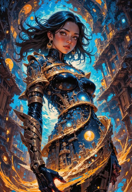 (in Otomo Katsuhiro style:1.2), masterpiece, high-quality, A time traveler with swirling bands of light circling her body, each representing different eras casting shifting shadows of various ancient and futuristic architectures onto her, She holds a small rotating hourglass filled with stars as if containing entire galaxies, The background is an abstract vortex of time and space, era fusion, cosmic hourglass, temporal glow, Stylized anime with intricate time effects and cosmic motifs, (elaborate fine details:1.1), (hyperdetailed:1.1), (intricate details:1.0), (Refined details:1.1), (best quality:1.1), (high resolution:1.2), <lora:FLUX\Anime v1.3:0.6> <lora:FLUX\VividlyReal:0.6> <lora:FLUX\FLUX-daubrez-DB4RZ:0.4>
