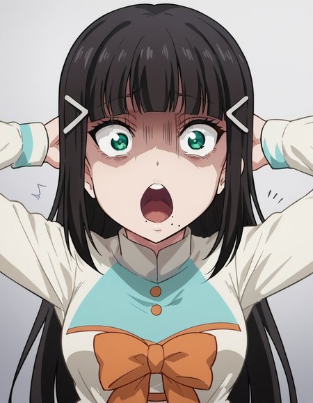 score_9, score_8_up, score_7_up, source_anime, <lora:dia-kurosawa-s2-ponyxl-lora-nochekaiser:1>, dia kurosawa, long hair, bangs, black hair, hair ornament, green eyes, sidelocks, hairclip, blunt bangs, mole, mole under mouth, medium breasts, <lora:shocked-black-guy-ponyxl-lora-nochekaiser:1> shocked black guy, open mouth, looking at viewer, hands behind head, shaded face,, , ,