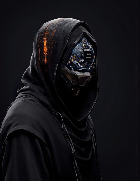 Daniel Hahn art. A photo-realistic shoot from a profile camera angle about a dark, futuristic helmet with a glowing design on the side, set against a dark background. the image also shows a character in the middle of the image, who appears to be a humanoid figure, wearing a black, hooded cloak and a sleek, metallic helmet. the character is facing the viewer, with their face partially obscured by the hood. the helmet has a triangular shape with a transparent visor, and the visor displays a glowing, futuristic interface with various symbols and text. the lighting is dramatic, with a focus on the character's face and the intricate design of the helmet, creating a sense of depth and dimensionality. the overall mood is dark and mysterious, with the character standing out against the dark background and the glowing interface.