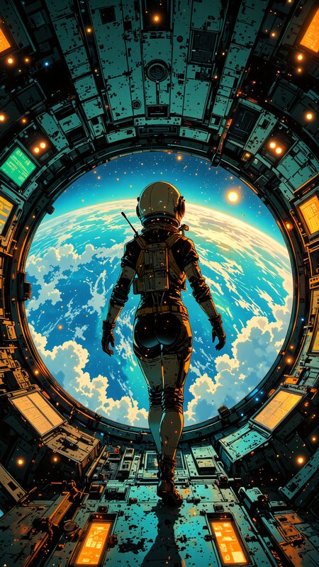 High-resolution anime-style illustration, bold painterly textures, cinematic sci-fi lighting. A young woman floats weightlessly inside a futuristic spaceship, clad in a sleek astronaut suit with a reflective helmet obscuring her face. A propulsion pack is secured to her back as she hovers near a massive observation window, gazing at the Earth below.
Beyond the glass, the planet glows in brilliant blues and whites, swirling clouds stretching over vast oceans. The golden light of the sun peeks from the horizon, casting a soft glow into the dimly lit spacecraft. Floating control panels and soft neon displays illuminate the metallic interior, creating a serene yet awe-inspiring moment in deep space. <lora:dreadmirth-art-style:0.7000000000000001> <lora:Vibrantly_Dark_style_v.1:0.6> <lora:RealAnime:0.8>