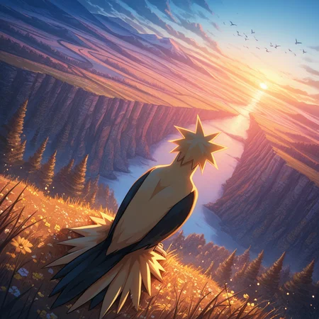 ((vibrant, detailed, detailed background, amazing quality, colorful, masterpiece, 8k, rtx)), beutiful background, 
<lora:zapdos-illus-14:1> pzapb, pokemon \(creature\), bird, 1other, sitting, dynamic angle, outdoors,