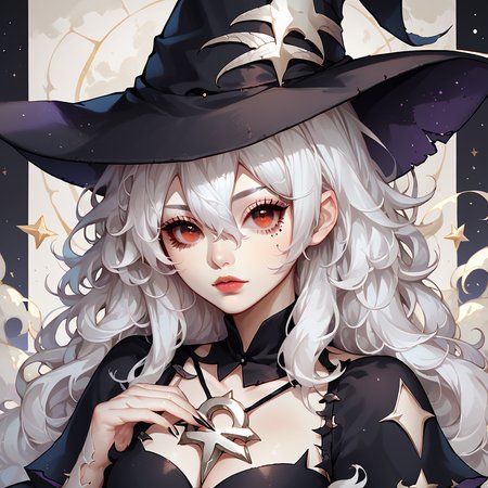 score_9, score_8_up, score_7_up, score_6_up, score_5_up, score_4_up, 
CuteStyle,scrambled, 1girl, solo, witch hat, hat, long hair, white hair, sample watermark, red eyes, looking at viewer, upper body, bangs, witch, hair between eyes, black headwear, star (symbol)
<lora:Cute_Style_pony:0.8>