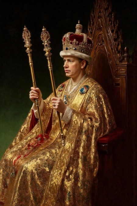 frankowensalisbury1 painting.
A British monarch seated on an ornate throne, adorned in an elaborate golden robe embellished with intricate patterns and jewels. He is wearing a crown decorated with gold and jewels and holding two scepters. The throne is made of wood with intricate carvings. The background is dark. <lora:frankowensalisbury1_cap_d8a4:1.0><lora:863251001493218550:0>