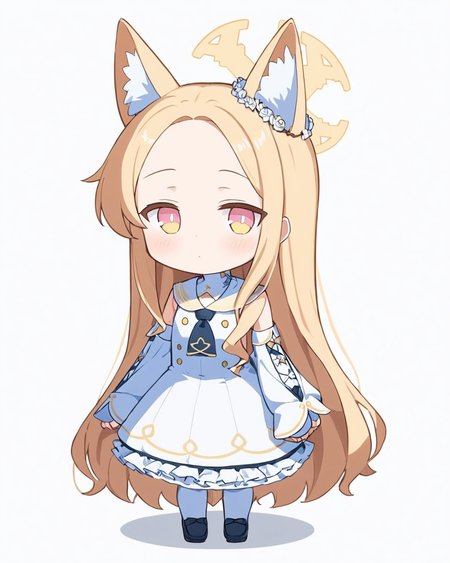 seia \(blue archive\),1girl, solo, white_dress, sleeveless_dress, white_sailor_collar, white_background, halo, forehead, chibi, animal_ear_fluff, long_sleeves, sleeves_past_fingers, closed_mouth, detached_sleeves, simple_background, one_eye_closed, full_body, black_footwear, white_sleeves, hair_flower, looking_at_viewer, sailor_dress, short_necktie, shoes
<lora:seia_(blue_archive)_image1153_2023-12-03-000014:1>halo. gorgeous,key visual, vibrant, studio anime,award-winning, professional, highly detailed,high budget, cinemascope