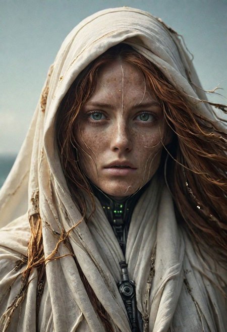Super Closeup Portrait, Create a DARK dystopian description capturing the essence of a freckled cyborg woman in a close-up photograph, featuring real human DARK green-gray eyes with an intense gaze. The subject has long flowing hair, draped in a ghostly white star wars linen cloak billowing in the wind. The face is a striking fusion of half-cyborg with intricately crafted gold elements and half-human skin, creating a mesmerizing and enigmatic presence. standing at the ocean in bright sunlight, ethereal, sunray, 
very detailed, atmospheric haze, Film grain, cinematic film still, shallow depth of field, highly detailed, high budget, cinemascope, moody, epic, OverallDetail, gorgeous, 2000s vintage RAW photo, photorealistic, candid camera, color graded cinematic, eye catchlights, atmospheric lighting, skin pores, imperfections, natural, shallow dof