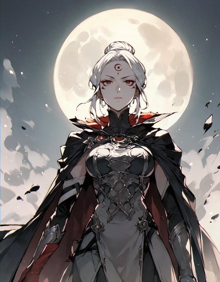 <lora:kdm style v2:1> kdmstyle  <lora:TAMIYO:0.86> tamiyo, 1girl, solo, colored skin, white hair, gloves, breasts, facial mark, hair bun, cape, forehead mark, moon, source_anime, score_9_up,  score_7_up, score_8_up