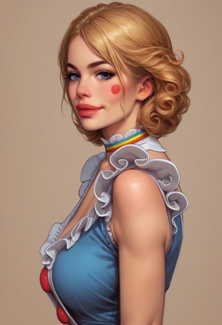 1girl, illustration, comic style, looking at viewer, highly detailed, source_comic_illustration, from front, 1girl, illustration, comic style, looking at viewer, highly detailed, source_comic_illustrationskinny, looking at viewer, 1girl, masterpiece, best quality, ((((side view)))), girl, realistic drawing, anime, by Sam Yang, sharp highly detailed 2d illustration, comic art, (hyperrealism, soft light, sharp), (anime:0.5), BREAK
dynamic composition,1girl, sexy, curly redhair, dressed as a clown, clown makeup, mini skirt, big clown shoes, smirk, big natural breast, red tshirt, ,
((full-clothed))
BREAK
slight smile, looking at viewer
BREAK 
(((circus background))) score_9, score_8_up, score_7_up, score_6_up, source_cartoon, rating_explicit, Expressiveh, ((((upper body, portrait))))), dynamic pose, dynamic pose