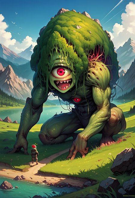 core_9, score_8_up, score_7_up, ultra detailed, Excellent quality, high resolution, creature, cyclops, destruction, elemental (creature), giant, giant monster, golem, grass, lake, monster, mountain, one-eyed, open mouth,outdoors, rock, water