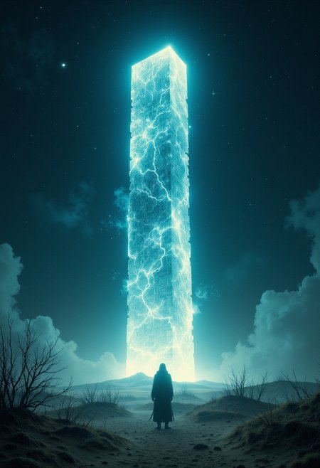 An enigmatic composition bathed in soft, diffused light, blending whispers of surrealism and melancholia. The scene unfolds in a cinematic atmosphere where subtle textures and delicate grains add depth, while the interplay of light and shadow enhances the quiet intensity of the moment. A subdued color palette merges with ethereal haze, evoking a dreamlike quality and timeless stillness. The central subject –A mysterious gigantic glowing wall towering in the middle of an endless desert under a star-filled night sky. The monolith radiates an ethereal blue light, casting shimmering reflections on the surrounding sands. Ancient runes pulse faintly on its surface. The scene is cinematic, with dramatic lighting and intricate textures emphasizing the mystique and awe of the structure.– is delicately framed, their presence balanced between mystery and intimacy. Surrounding elements, rich in symbolic undertones, anchor the narrative in an otherworldly context. Organic details like softly swaying flora or faintly glowing surfaces contrast with stark, haunting figures, creating a juxtaposition that is both poignant and surreal. The composition invites introspection, with negative space amplifying the mood's resonance. Every detail, from the atmospheric depth to the muted highlights, serves to craft an image that feels suspended in an emotional, poetic realm, steeped in quiet nostalgia.
surreal style