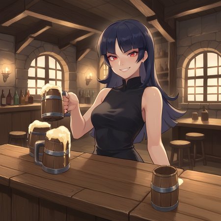 score_9, score_8_up, score_7_up, score_6_up, score_5_up, score_4_up, zPDXL2,source_anime,rating_questionable, 1girl, solo,  night time, sabrina, black dress, smirk, tavern,  <lora:Tavern:0.7> t4v3rn, indoors, table, beer mugs, barrel, window, bottles