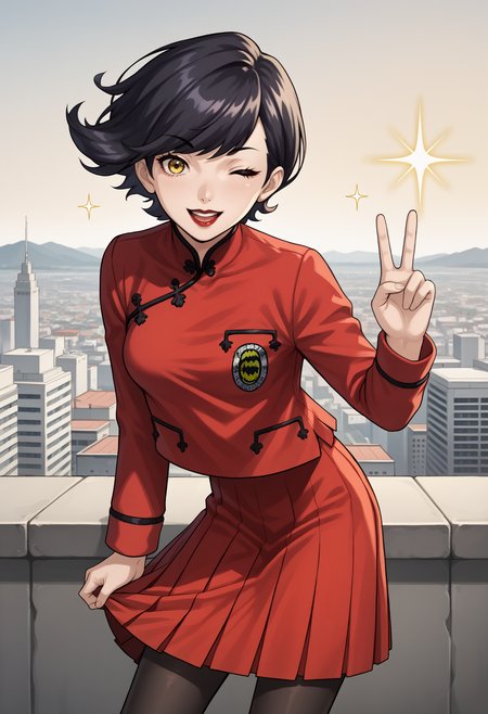 score_9, score_7_up, source_anime, 1girl, wink, peace sign, open mouth, smile, looking at viewer, sparkle, midair, leaning forward, skirt hold, <lora:KeiSMT-pdxl:1> keiSMT, black hair, short hair, asymmetrical hair, yellow eyes, red lips, red jacket, chinese clothes, medium breasts, school uniform, long sleeves, red skirt, pleated skirt, black pantyhose, yellow theme, cityscape, day