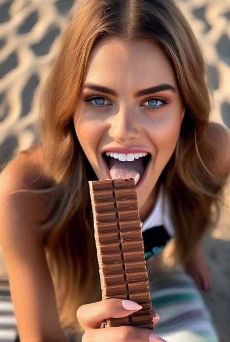fashion model woman with a Choclate bar in her mouth,  outside, at beach <lora:woman_bj_xl_lora-000030:1>, hi detail, sharp focus, perfect lighting, awesome, dslr, 4k high quality. extra detail, extra sharp, magical, perfect moment, natural skin, pores