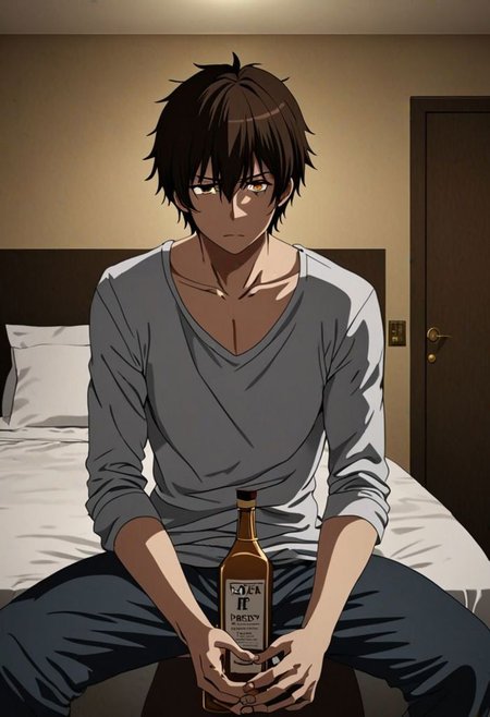 Highres, Masterpiece, High Quality, 4K, 8K, solo, 1Boy, Seiya Kanie, short dark brown hair, golden eyes, hotel room, dim weather, sitting, weak, facing viewer, complicated, anxious, empty alcohol bottle, self torture, alone, lost, hopeless, hearthless, helpless, easynegative, detailed_eye_model