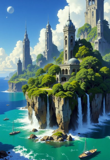highest details, ultra hyper realism. highly detailed and realistic. intricate and highly professional artwork, an absolute masterpiece.
A highly detailed, vibrant digital painting depicts a fantastical city embedded in rock formations. A lush, green island with towering, arching rock formations and a turquoise sea. The sky is bright blue with fluffy white clouds. The aesthetic quality is very high.