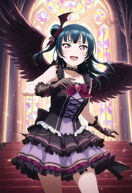 masterpiece, best quality, solo, 1girl, aged up, happy, 
 yoshiko_tsushima, tsushima_yoshiko, long hair, bangs, blue hair, pink eyes, hair bun, single side bun, gothic angel idol outfit, black and purple frilled dress, bat wing accessories, lace gloves, spiked choker, feathered wings, moonlit cathedral stage, stained glass glowing behind her, dark roses, intense gaze, dramatic pose, fallen angel aesthetic