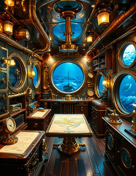 A stunning and intricate view of the interior of the Nautilus submarine, inspired by Jules Verneâs steampunk aesthetic. The room is a mix of Victorian elegance and advanced 19th-century marine engineering. The walls are lined with riveted brass and copper pipes, with intricate pressure gauges and mechanical levers. A massive, round glass porthole offers a breathtaking underwater view of deep-sea creatures swimming in the dark abyss. The warm glow of antique oil lamps and gaslights illuminates the space, casting soft golden reflections on the polished mahogany furniture and ornate brass railings. A large wooden desk is covered with old nautical charts, compasses, and a logbook filled with Captain Nemoâs notes. In the background, a library with leather-bound books and scientific instruments is neatly arranged on wooden shelves, emphasizing the scholarly and adventurous nature of the vessel. The ambiance is a perfect fusion of mystery, science fiction, and vintage maritime beauty, evoking a sense of wonder and deep-sea exploration.<lora:SDXLFaeTastic2400:0.4> <lora:extremely_detailed:0.4> extremely detailed, <lora:Nautilus_subm4r1n3:1>,Nautilus subm4r1n3, Masterpiece,best quality,hi res,8k,hi res,8k,award winning,(sharp focus, intricate, highly detailed),