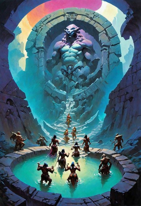Fantasy painting, masterpiece by frank frazetta, androgynous, dungeon _party, group, muscular, fetish, fantasy masterpiece, a party of beautiful adventurers exploring an ancient dungeon, cyberpunk, vaporwave, arcane ruins