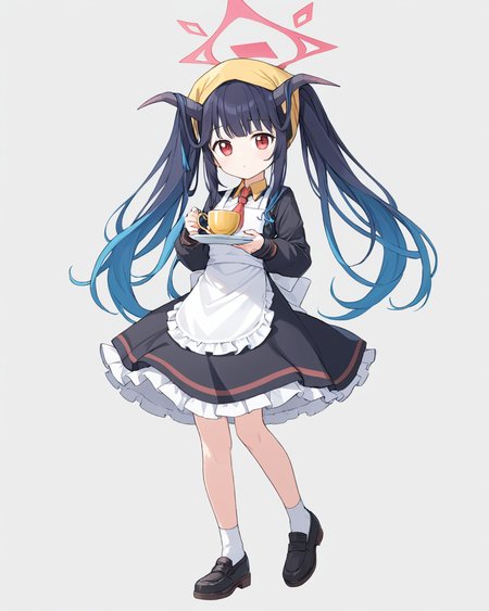 fuuka \(blue archive\),1girl, solo, halo, twintails, horns, white_background, simple_background, necktie, holding_cup, full_body, head_scarf, white_apron, invisible_chair, frilled_apron, black_dress, shoes
<lora:fuuka_(blue_archive)_image510_2023-11-23-000012:1>. gorgeous,key visual, vibrant, studio anime,award-winning, professional, highly detailed,high budget, cinemascope