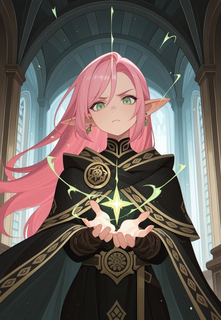 masterpiece, best quality, amazing quality, <lora:afkArenaIllustrious:1>
afkarenastyle,
1girl, female elf, solo, casting spell, dynamic pose,  magic aura, magic effects, portrait, female focus, pink hair, green eyes, slim, long hair, hair swept to one side, light skin, concentrating, serious, looking at viewer, outdoors, beautiful, black cloak with gold trimming, earrings, indoors, arcane library