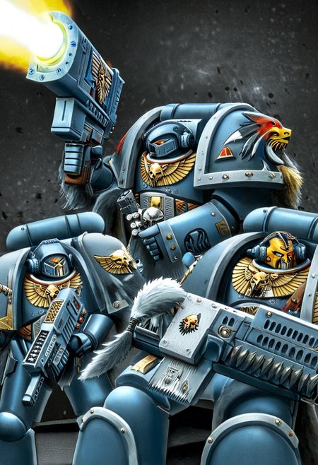 Absurdres, score_9_up, Source: Warhammer40K, Spacewolves Astartes chapter space marines wielding bolter guns, gray power armor with fur trim and astartes helmets, wolf motifs, (masterpiece), best quality, expressive eyes, perfect face, 1, space marine, Painstaking Attention To Details, 1990s \(style\), Vintage, Vintage comic book cover of White Dwarf Tabletop Adventures, project unreal engine, volumetric lighting, perfect anatomy, perfect hands, detailed_eye_model, black background, graffiti, blgstyle, ImperialF40k, <lora:PeopleCountSliderLoRAv1:2.0>, <lora:756af36b-d5fa-496f-b9a1-088c62f0c527:0.7>, <lora:6f3a2b85-aa03-4ab1-9f9a-e816ad4b1121:0.7>, <lora:cf26021c-0e88-4b06-9329-8702e6590716:0.7>, <lora:_raging_flames:0.7>, <lora:warhammerAdeptus_v1:0.7>, <lora:e6084b5e-a05d-475d-8afe-925ae03a434b:2.0>, <lora:b8dcc527-1d03-4fe2-ab9e-341ce407290f:0.7>, , , ,