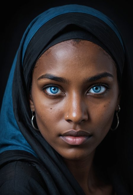 A photo of a person with (striking blue eyes:1.3), dark complexion, draped in a (black headscarf:1.2), (piercing gaze:1.2), subtle facial features, high contrast against (dark background:1.1), (depth in eyes:1.2), natural light highlighting face, sharp focus, portrait orientation, Canon EOS R, 1/80s, f/2.8, ISO 100, (soulful expression:1.3), intimate portrait, profound narrative, (rich texture detail:1.1), fine art photography,, <lora:RMSDXL_Enhance:1>, <lora:RMSDXL_Creative:1.5>