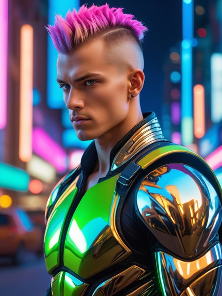 Photographic,absurdres,masterpiece,sharp focus,extreme detail description,male focus,muscular,abs, A lifelike portrait of a young man with a stylish mohawk, in a futuristic cityscape, with neon lights reflecting on his metallic armor, (futuristic), ((neon vibrancy)), (((intense focus))), high-tech ambiance, urban night.