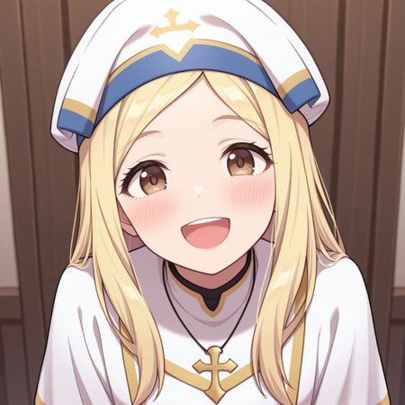 masterpiece, best quality, 32k, high resolution, absurdres, cleric, pov, looking at viewer, blush, smile, open mouth, upper teeth only