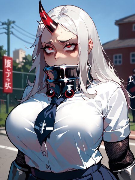 <lora:happy_tentacle-fishharprin-v0.3-000022:0.9>, ht_fishharprin, (huge breasts:0.8), plump, white hair, metal collar, (red eyes, red pupils, bags under eyes:0.8), single horn, (mature female:1.1) , cowboy shot, 1girl, solo focus,(disgusted, rolling eyes:1), school, rooftop, outdoors, chain-link fence, school uniform , , depth of field, , [(realistic, photorealistic:1.2):(realistic:1.3):22], [(3d:1.3)::12], <lora:LUUNA's Lunas-NijiJourney-SDXL-B2:0.5>, nijijourney, <lora:prgfrg23's Counterfeit-V3.0 Style SDXL_LoRA_Pony Diffusion V6 XL:0.35> <lora:mfcg's mfcgXL:0.1> <lora:Shed_The_Skin's StS_age_slider_v1_initial_release:-1.1>, score_9, score_8_up, score_7_up, score_6_up, score_5_up, score_4_up,