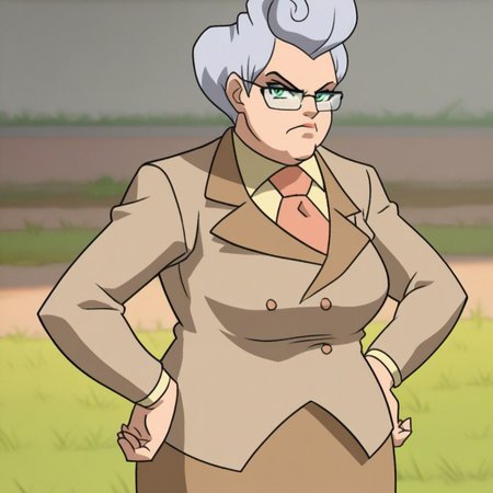score_9, solo, principal_k, 1girl, grey hair, green eyes, glasses, necktie, suit, skirt, hands on hips, looking at viewer, scowl, grass, schoolyard
