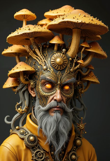 bo-golden, a surreal sculpture of an old man with a unique head made of mushrooms, showcasing intricate details and textures<lora:boFLUX Golden Noir Abyss.safetensors:1.0:1.0>