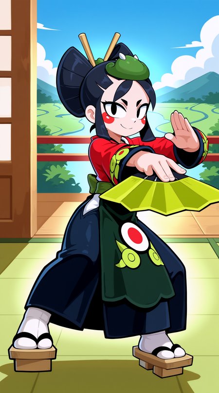 masterpiece, best quality, amazing quality, aesthetic,  absurdres, best quality, 4k, upscale, indoors,sky, landscape, (dynamic pose, fighting stance, foreshortening), kaze, solo, 1girl, black hair, japanese clothes, black eyes, smile, geta, dual wielding, hand fan, kimono, sandals, apron, looking at viewer, hair stick,  <lora:Kaze_IL:0.8>