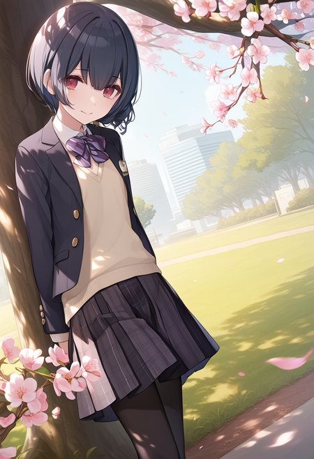 score_9, score_8_up, score_7_up, score_6_up,
<lora:Expressive_H:1.0>, uncensored,
1girl, <lora:MorinoRinze_pony_v1:1.0>, mrnrnz, short hair, black hair, blue hair, single hair bun, bangs, hair between eyes, red eyes, flat chest, slender body, (female child:1.2), red bow,
open jacket, blazer, black jacket, striped bowtie, purple bowtie, black skirt, plaid, plaid skirt, miniskirt, checked skirt, school uniform, skirt, sweater vest, long sleeves, black socks, loafers, miniskirt,
black pantyhose,
looking at viewer,
outdoors, park, city, day, cherry blossoms, Cherry blossom leaves dancing, sunlight filtering through the trees,
standing, arms behind back,
against tree,
smile, closed mouth,
masterpiece, best quality,