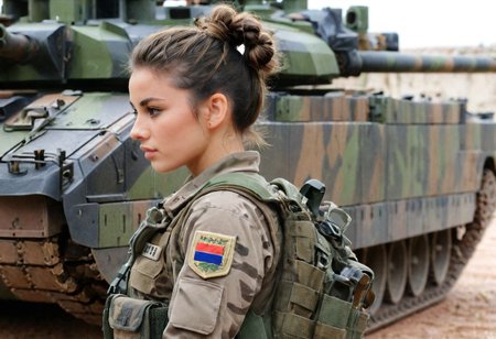 French, french badge, female soldier, brunette, messy bun, camo military fatigues, camo military fatigues, outdoor, barracks, main battle tank LECLERC