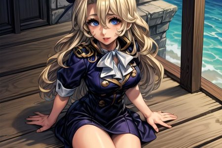 masterpiece, Lily Kokoschka , best quality, best quality, ultra-detailed, highres,sharp focus,(ultra detailed,extremely detailed), 1girl,(masterpiece, best quality), LilyKOKOSCHKA, 1girl, solo, long hair, small breasts, blonde hair, Blue eyes, Deep Blue eyes, hair between eyes, uniform, ascot, wavy hair, eyes visible through hair, white ascot, Skirt, hungry clicker,  outdoors, street, cowboy shot, leaning Back, Best Quality0Beautiful face0Strong-minded woman0sitting, Scared, Terrified, Frightened