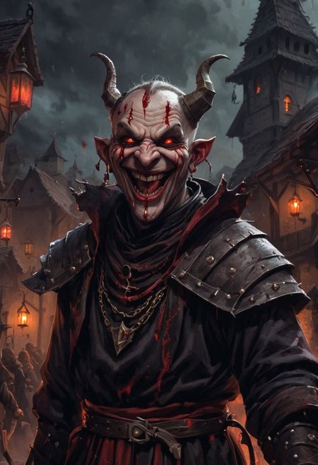 A chaos priest. Terrifying smile. Blood. medieval village. Insane. Insane. Terrifying. Night. DEVIL SPAWN