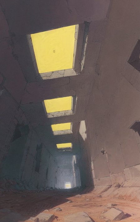 artwork <lora:Moebius:1>, Medium Wide Shot of landscape with Two-Point Perspective at twightlight