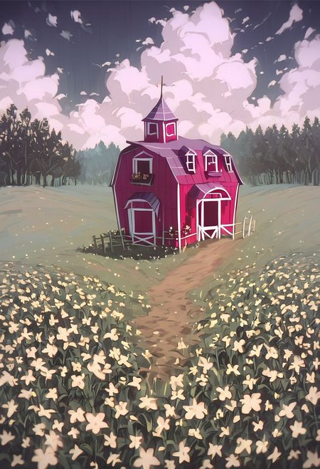 score_9, score_8_up, score_7_up, score_6_up,
nature background, flowers, flower, clouds, fields, flower field, night time, dark county side, barn, farm barn,