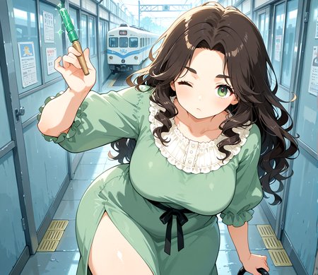 PonyScores7, source_anime, ah1, IllustriousQual, <lora:natsumi_style:0.5>, <lora:by_usakun-pony:0.4> by usakun, <lora:Akina_Bbw_Style_-_PonyXL:0.2> AkinBw
BREAK 1girl, (curly hair), long hair, (black hair:1.3), mature female, (parted hair:1.7), (round face:1.2), (thick eyebrows:1.3), (curvy), round-chin, (greenish brown eyes:1.4), (colorful eyes:1.3), (multicolored eyes:1.3), caucasian, (downturned eyes:1.4), (plump face), messy hair, <lora:Round_face:0.1>, <lora:ETO_OCPonyXL:0.5> eto_oc, skindentation, (plump), thick thighs, wide hips, busty, voluptuous, kinky curls, lips, <lora:venus body PonyXL:0.4>,  ((;/), (Emerald flames flicker from her fingertips, dancing lively as her hand moves rhythmically), (model train club, intricate layouts in a hobbyist's basement)), looking at viewer, ((lilac bold, vibrant-colored dress with a scoop back and knee-high slit, made from stretchy polyester that accentuates your curves))
BREAK <lora:xl_more_art-full_v1:0.2>, <lora:shinyskin2:0.2> glistening skin, <lora:aesthetic_anime_v1s:0.2>, <lora:Expressive_H:0.2> Expressiveh, <lora:hairdetailpxl:0.2> hairdetailpxl, <lora:EpicF4nta5yXL:0.2>, <lora:detailxl:0.2> detailxl, <lora:Fant5yP0ny:0.2>, best quality, amazing quality, best aesthetic, absurdres, <lora:expressive eyes:0.2> expressive eyes, <lora:eyedetailpxl:0.2> eyedetailpxl, illustration, Volumetric_Lighting, ultra-detailed, very aesthetic, intricate details, 8k, masterpiece, best_quality 
BREAK (Wide Shot), (zoom out:1.5)
BREAK <lora:Eyes_High_Definition:0.3> EyesHD, Stable_Yogis_PDXL_Positives, AS-Adult, <lora:Complicated fantasy portrait - XL Pony V2.0:0.4>, bad-hands-5, <lora:HDA_Detailer:0.2>, HDA_FatGirlXL,