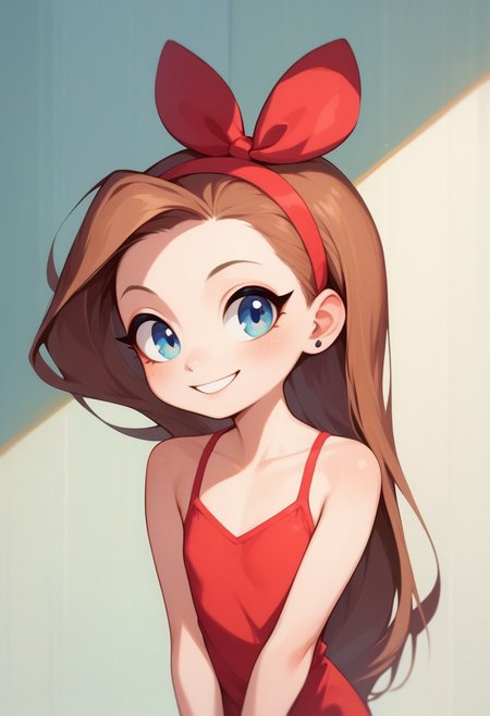 score_9, score_8up, score_7up, 1girl, solo, HazbinStyle, HCSV1, cartoon character, human, little girl, child, young, small cute, light blue eyes, pale skin, long hair, brown hair, red hairband, red hairbow, hair bow, red swimsuit , white pantyhose, natural lighting, flat chest, looking at viewer, smile, cheerful, standing, hands between legs, cowboy shot, upper body, closeup,