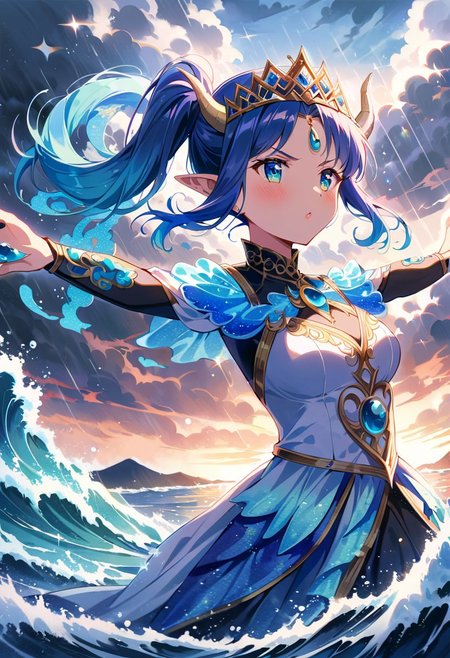 masterpiece, best quality, high quality, intricate, absurdres, very aesthetic, 
1girl, 1woman, dragon woman, blue dragon, water dragon, (dragon horns), blue dragon tail, short hair, side ponytail, hair above cheeks, light blue hair, aqua hairtips, gradient hair, multicolored hair, aqua eyes, medium breasts, pointy ears, outstretched arms, arms up, angry,
frilly elegant dress, water dress, crescent brooch, crescent earrings, crescent accessories, tiara, diadem, 
glossy lips, full eyelashes, blush, cute makeup,
(sparkles, sparkling clothes, sparkling eyes), sparking water,
ocean, intricate background, waves, wave crash, tsunami, raging ocean, (storm, rain:1.2), heavy rain, stormy waters, dark clouds, bubbles, mist, water magic,
wide angle shot, (cowboy shot), cinematic style, highly detailed, extremely detailed, sharp detail, majestic, shallow depth of field, movie still, hard light, circular polarizer, colorful, wallpaper, professional, anime