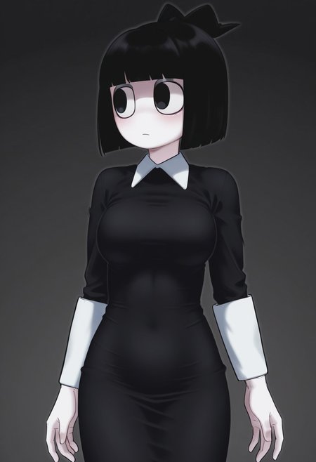 1girl, solo, creepysusieILL blunt bangs, black hair, short hair, long, black dress, black eyes, bob cut, big eyes, round race, pupet girl