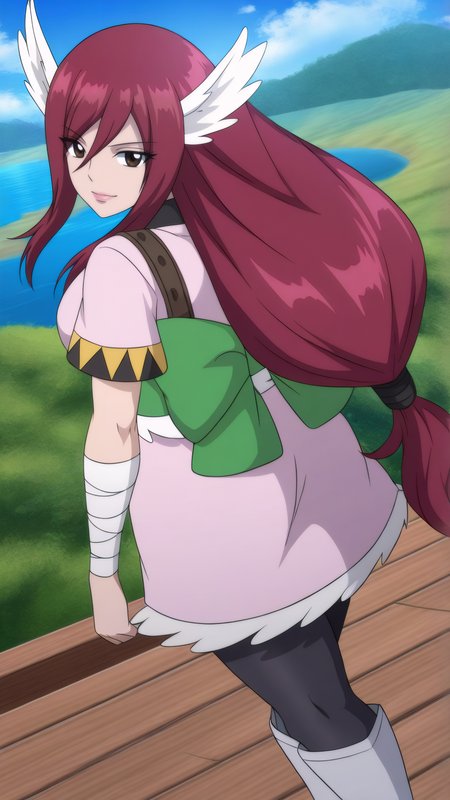 masterpiece, best quality, very aesthetic, absurdres, BREAK, 1girl, looking back, cowboy shot, 
<lora:WindGod_Erza_Illu_Dwnsty:0.8>, erz_windgod, brown eyes, red hair, long hair, low-tied long hair, head wings, bandaged arm, knee boots, pantyhose, pink kimono, sash, pink dress, wings, green bow, white footwear,
large breasts, lips, light smile, head tilt, 
outdoors, blue sky, sunlight, lake, landscape, forest, from behind, standing,