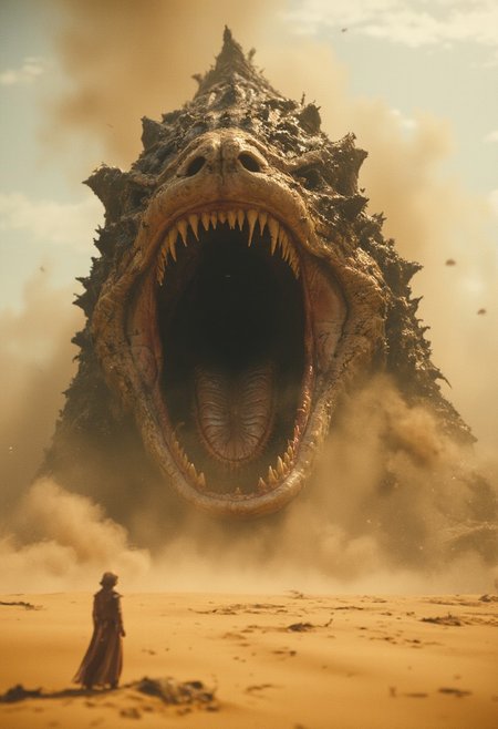 A towering, fearsome sandworm erupts from the roaring desert sands, its massive, bone-armored body partly submerged but with its upper half thrust out of the sand. The scene captures an extreme close-up of the sandworm's wide-open, gaping maw filled with razor-sharp, jagged teeth, showing the immense scale of the creature. The atmosphere is vibrant, photorealistic, and richly detailed, with analog film-like realism in UHD, 4K quality. The image has dense, swirling sand and dust kicked up by the sandworm’s emergence, filling the air with an ominous haze. The lighting is atmospheric, with volumetric effects that highlight the sandworm’s textured armor and rugged, ancient look, evoking a sense of honor and anticipation. The fluttering, bleak desert backdrop hints at an epic confrontation, with cinematic, epic film quality for a dramatic, awe-inspiring scene.