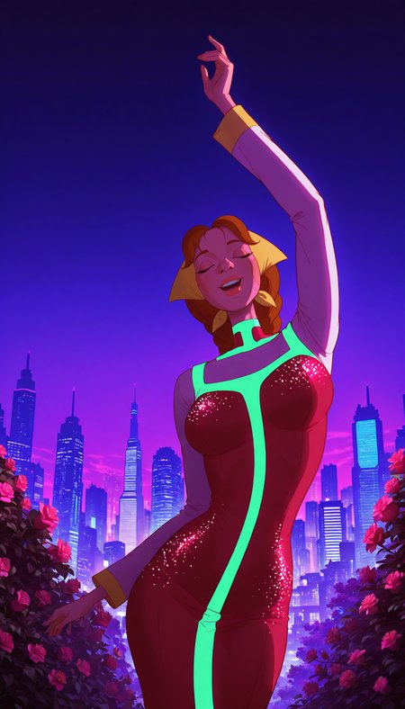 neonpunk style mature female, 
<lora:spletni:1.2> spletniza, 1girl, solo, long hair, braid, dress, brown hair, flower, arm up, red dress, closed eyes, single braid, dancing, open mouth, smile, long sleeves, breasts, bush, outdoors, very long hair . cyberpunk, vaporwave, neon, vibes, vibrant, stunningly beautiful, crisp, detailed, sleek, ultramodern, magenta highlights, dark purple shadows, high contrast, cinematic, ultra detailed, intricate, professional